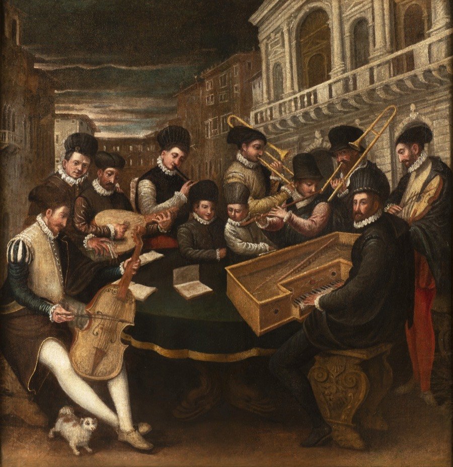 Musical Scene by Lodewyk Toeput, c. 1590 — trombones among mixed consort
