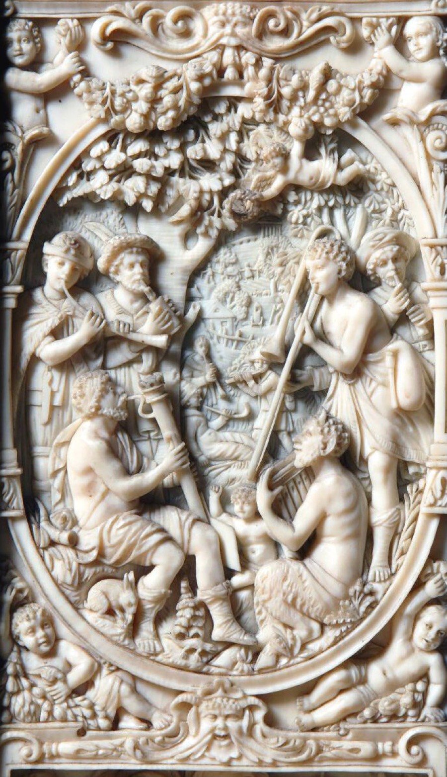 Christof Angermair ivory carving with trombonist, 1618-1624